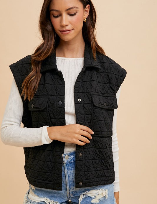 Annie Wear Texture Quilted Snap Down Vest Coat Black Tops