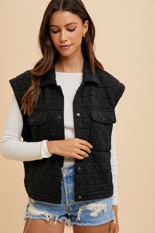 Annie Wear Texture Quilted Snap Down Vest Coat Black Tops