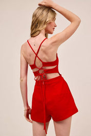 SO ME Fitted Open Back Game Day Romper with Lace Up Deta | Rompers Daverri Fashions
