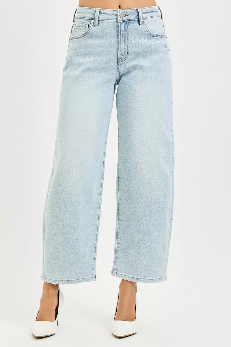 RISEN High Rise Crop Barrel Jeans in light-wash denim wide-leg cut