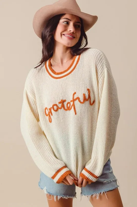 SO ME Thanksgiving Grateful Lettering Stitch Sweater Sweaters
