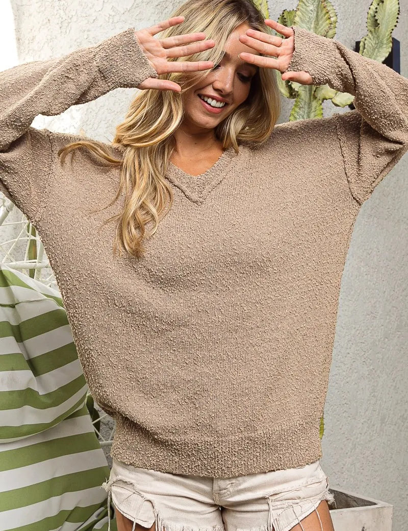 LATTE BiBi Raw Edged Popcorn Texture V-neck Sweater | Sweaters Daverri Fashions