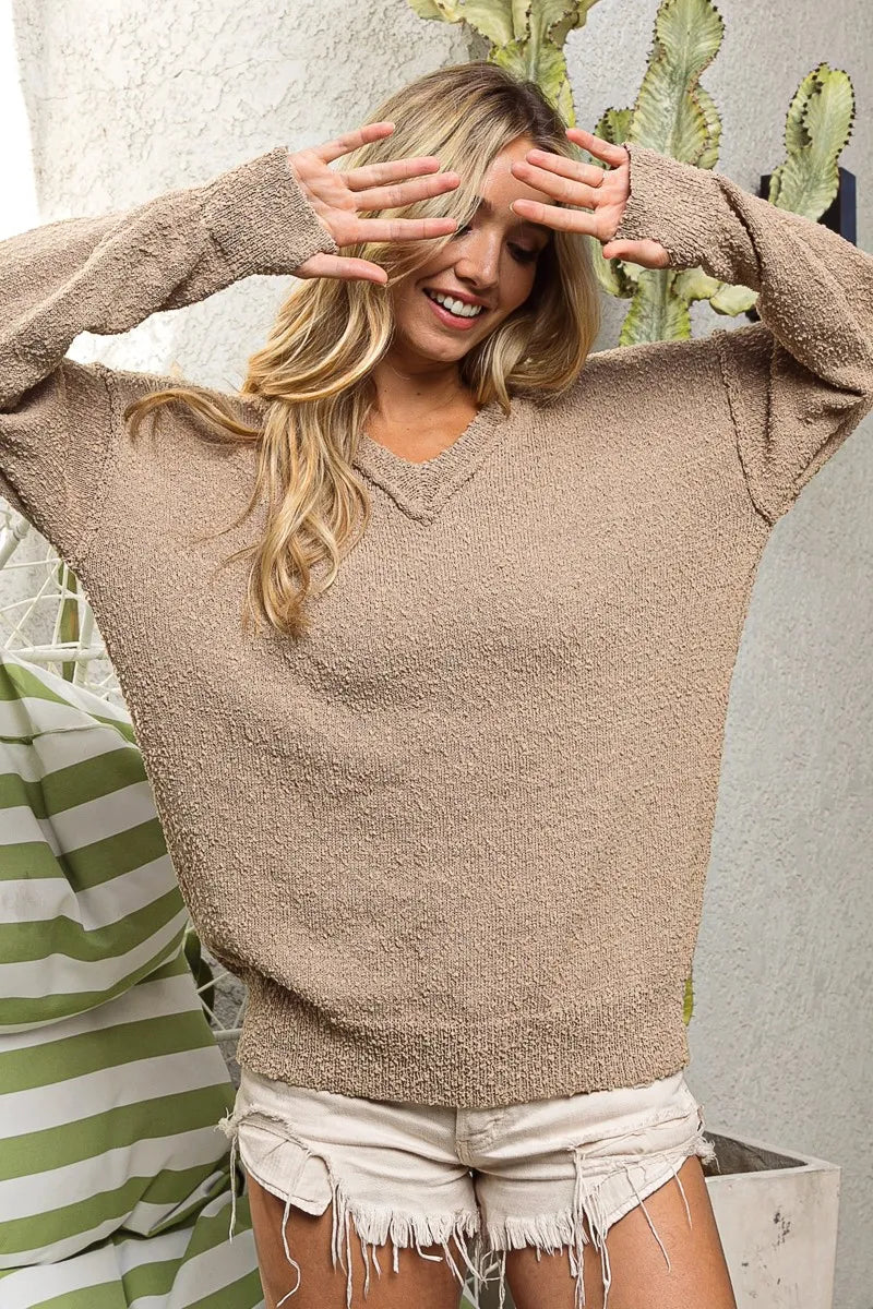 BiBi Raw Edged Popcorn Texture V-neck Sweater LATTE Sweaters