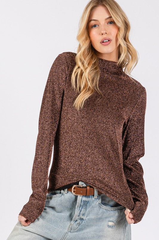 SAGE + FIG Glitter Mock Neck Lettuce Hem Long Sleeve Top Tops