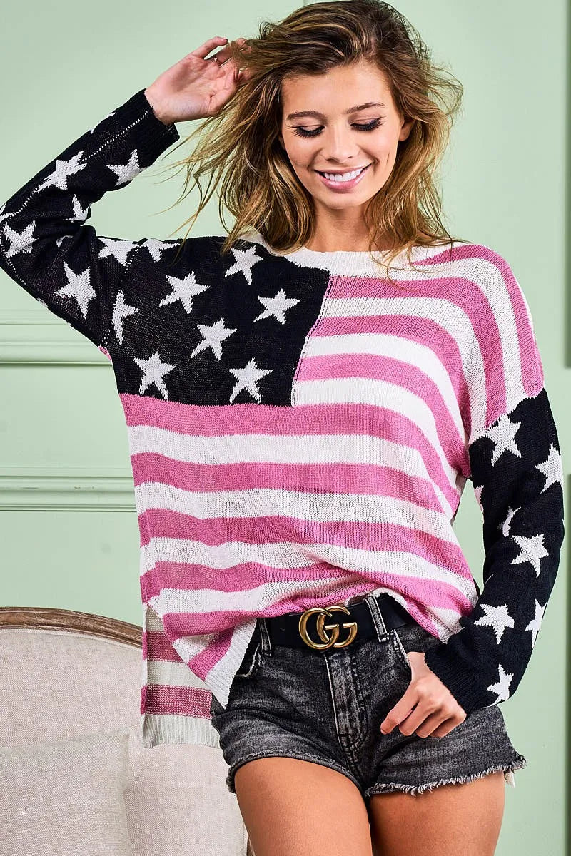 BiBi American Flag Low Gauge Knit Top Tops