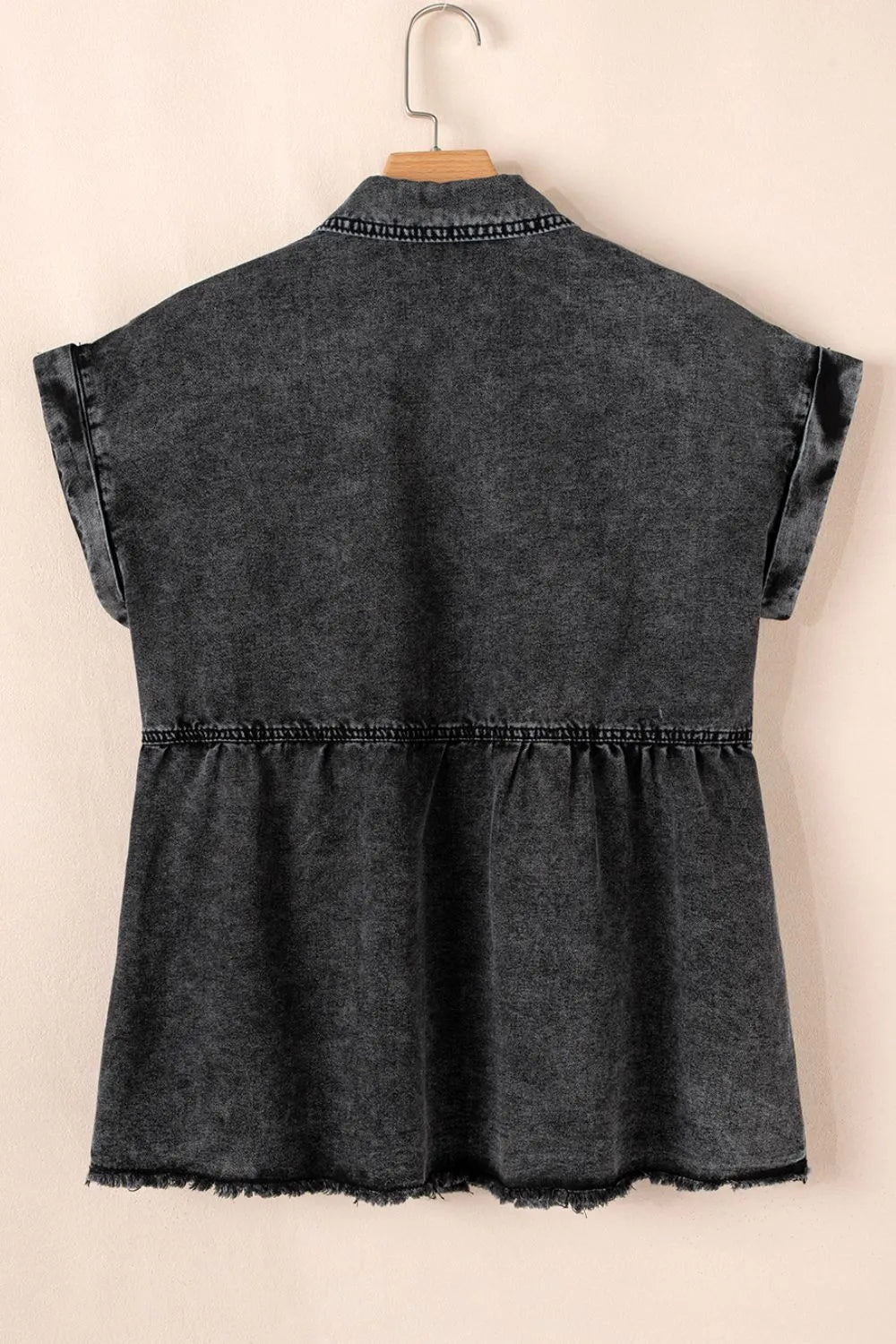 Short Sleeve Flap Pocket Button Up Raw Hem Denim Shirt | Shirts Daverri Fashions