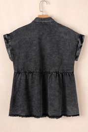 Short Sleeve Flap Pocket Button Up Raw Hem Denim Shirt | Shirts Daverri Fashions