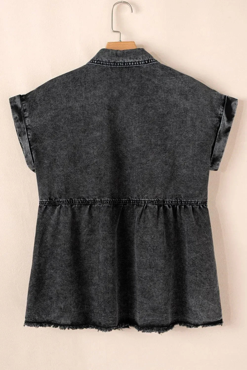 Short Sleeve Flap Pocket Button Up Raw Hem Denim Shirt - DAVERRI FASHIONS