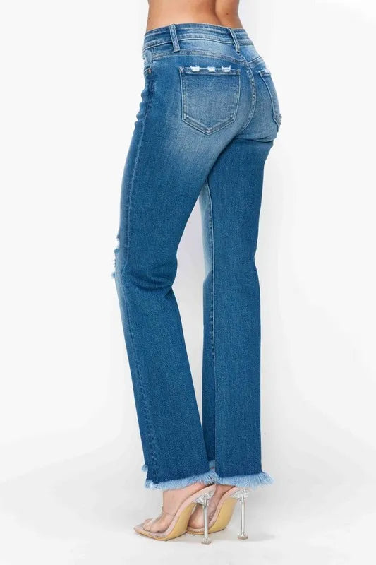 bytos Full Size Raw Hem Distressed Mid Rise Straight Jeans | Jeans Daverri Fashions