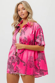 BiBi Leopard Print Short Sleeve Silky Satin Shirt Top | Tops Daverri Fashions