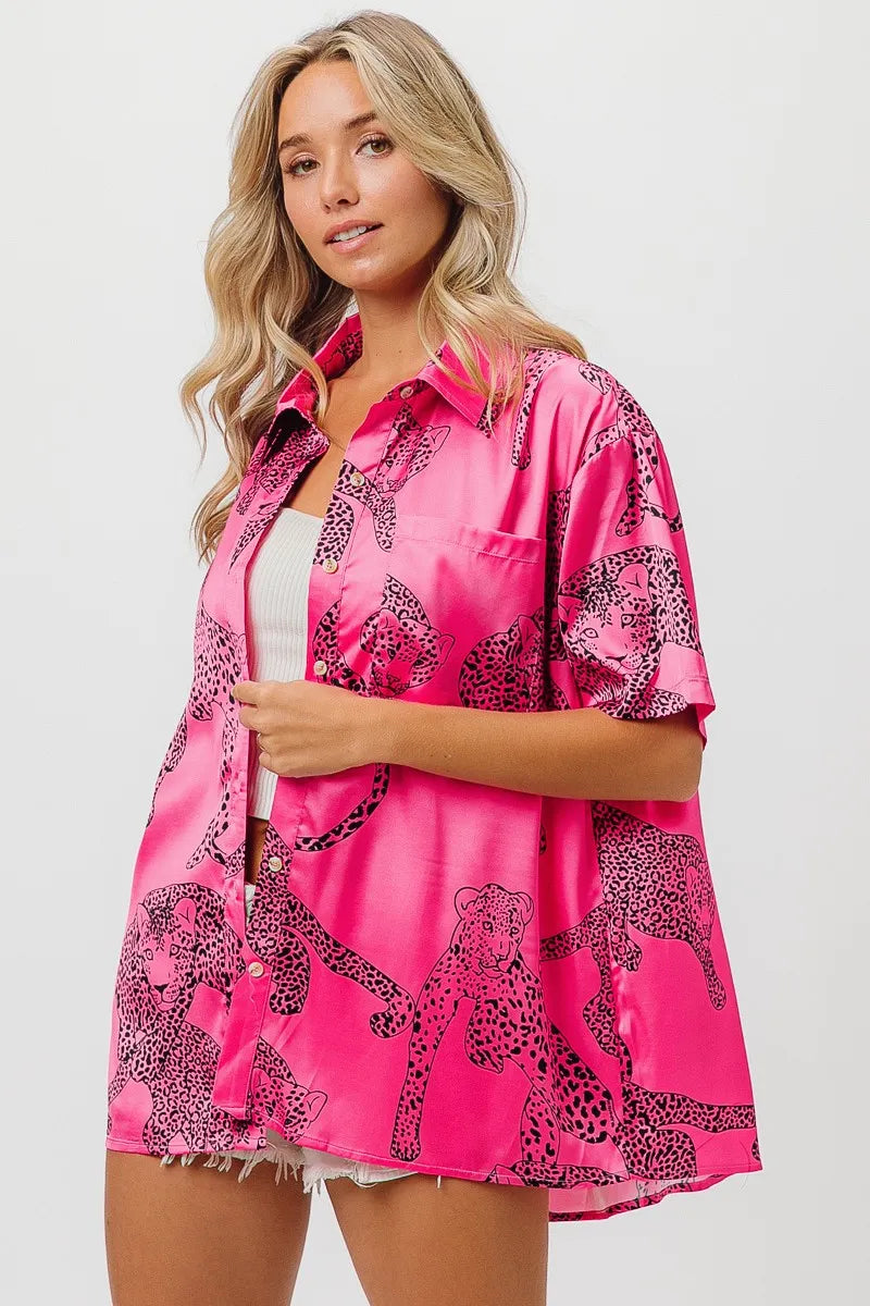 BiBi Leopard Print Short Sleeve Silky Satin Shirt Top Shirts