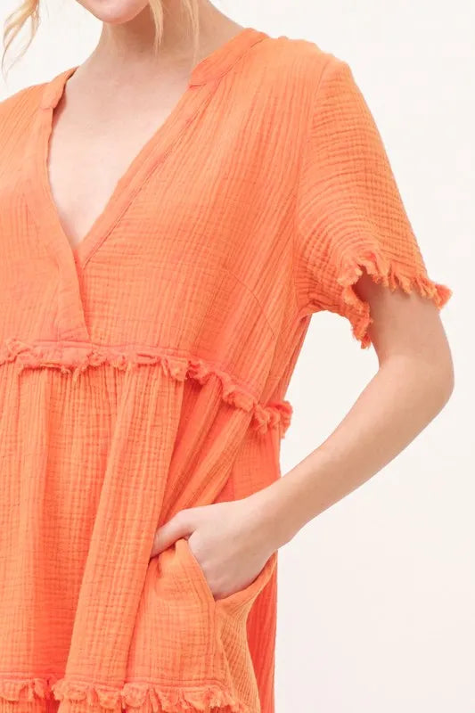 And The Why Washed Frayed Detail Tiered Dress Knee Length Dresses