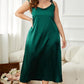 Plus size emerald green satin tie-shoulder midi night dress