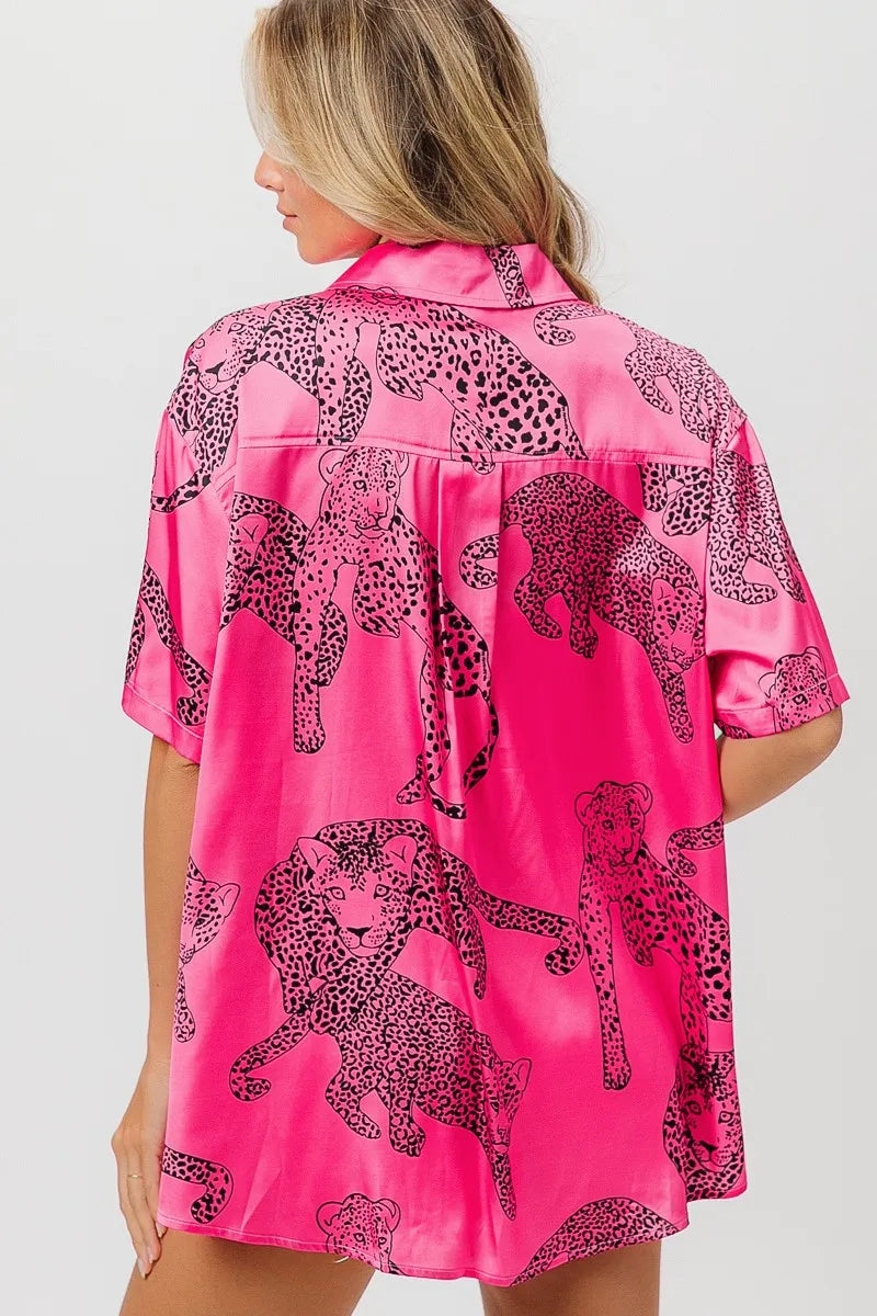 BiBi Leopard Print Short Sleeve Silky Satin Shirt Top Shirts