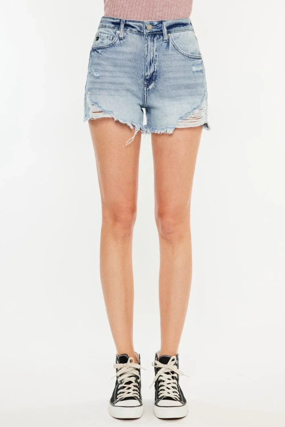 Kancan Distressed High Waist Denim Shorts with Pockets - DAVERRI FASHIONS