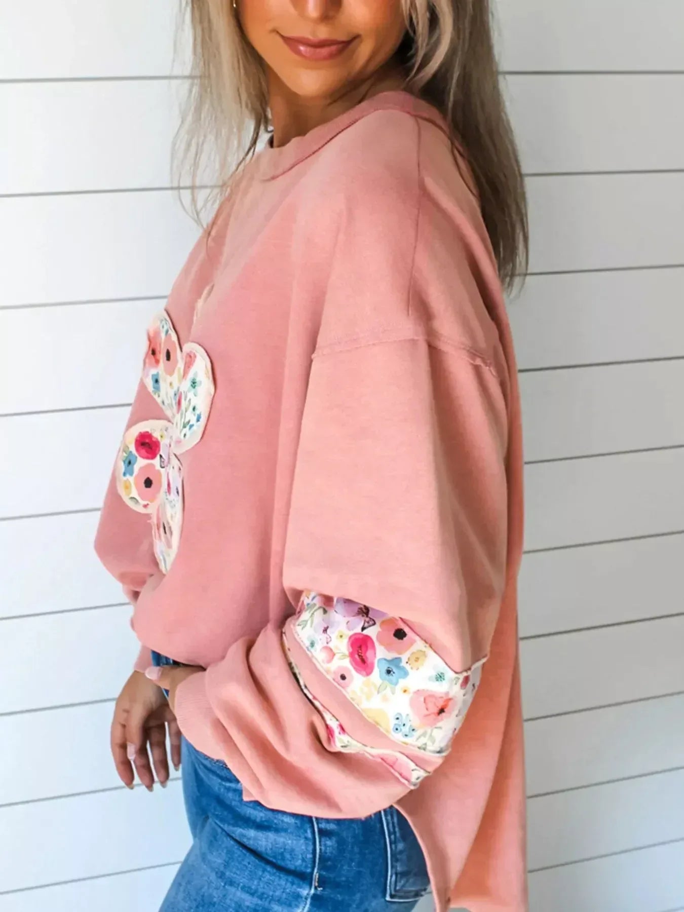 Oversized Floral Applique Drop Shoulder Sweatshirt - DAVERRI FASHIONS