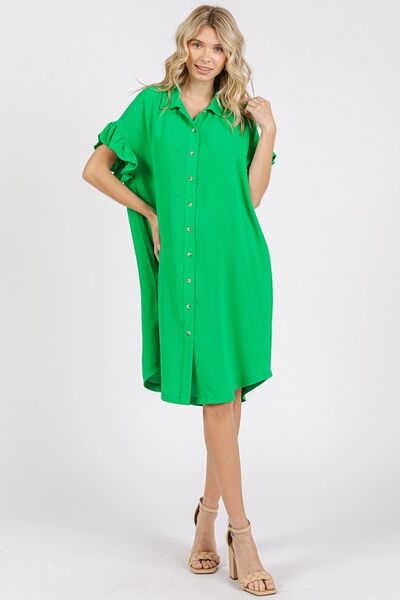 Mittoshop Button Down Flounce Sleeve Dress with Pockets Green