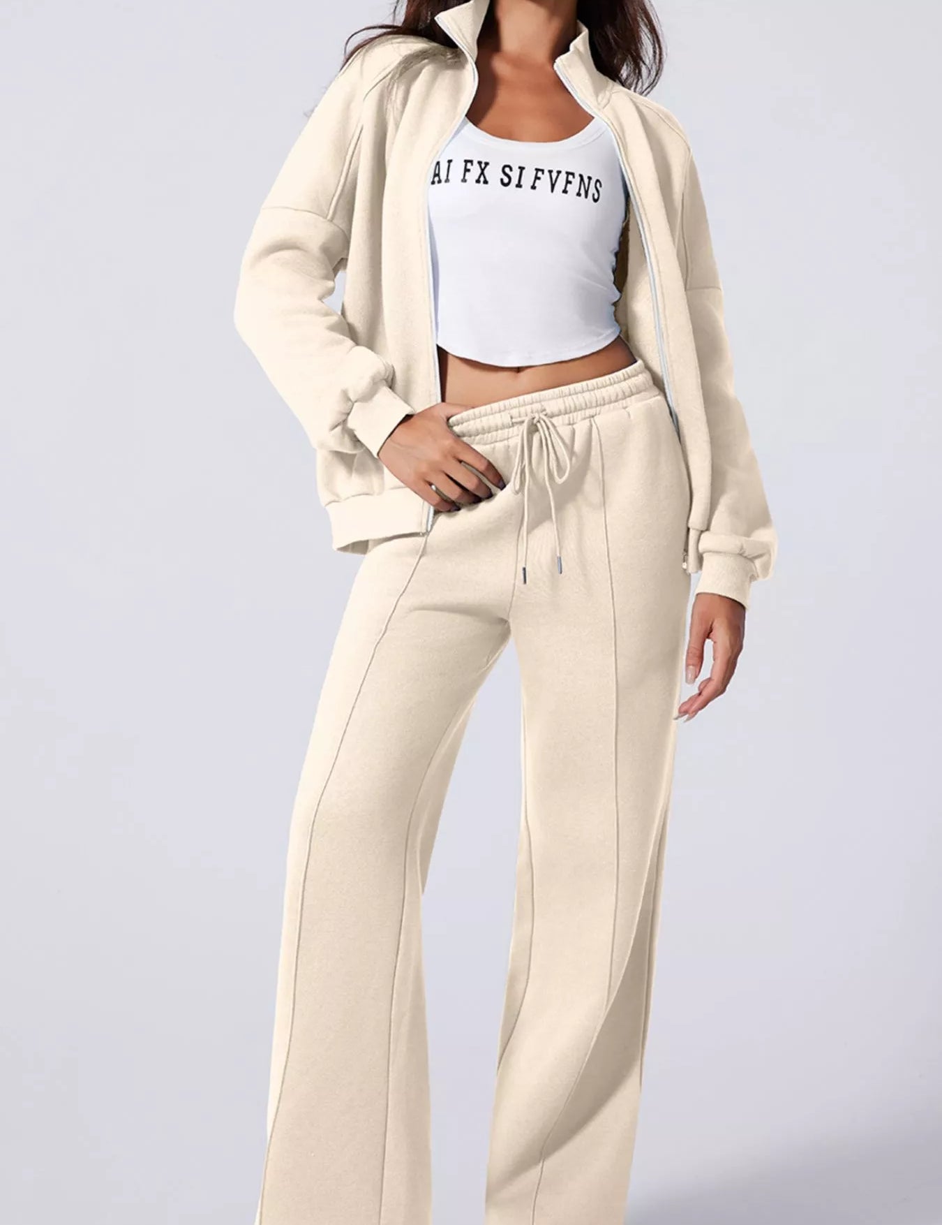 Beige Drop Shoulder Zip Up Jacket and Drawstring Pants Active 2pcs Set | Loungewear Sets Daverri Fashions
