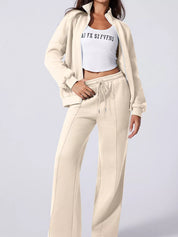 Beige Drop Shoulder Zip Up Jacket and Drawstring Pants Active 2pcs Set | Loungewear Sets Daverri Fashions