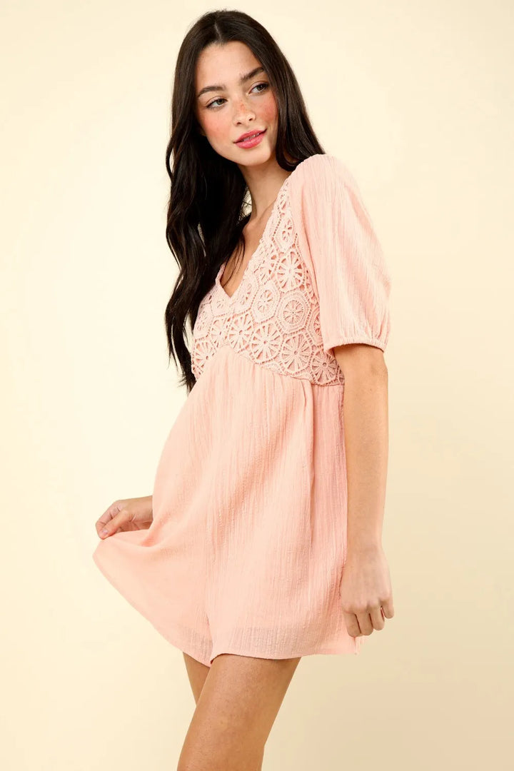 VERY J Lace Detail Puff Sleeve Romper with Pockets Blush Rompers