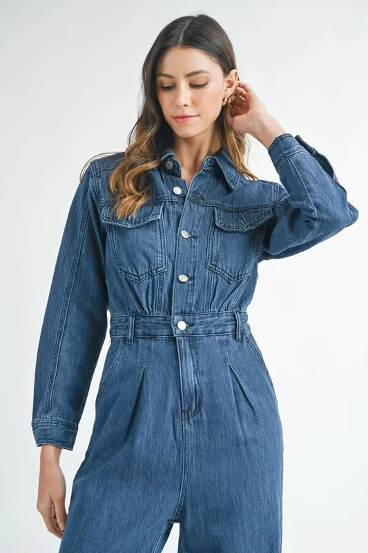 MABLE Cinched Waist Straight Leg Denim Jumpsuit Jumpsuits