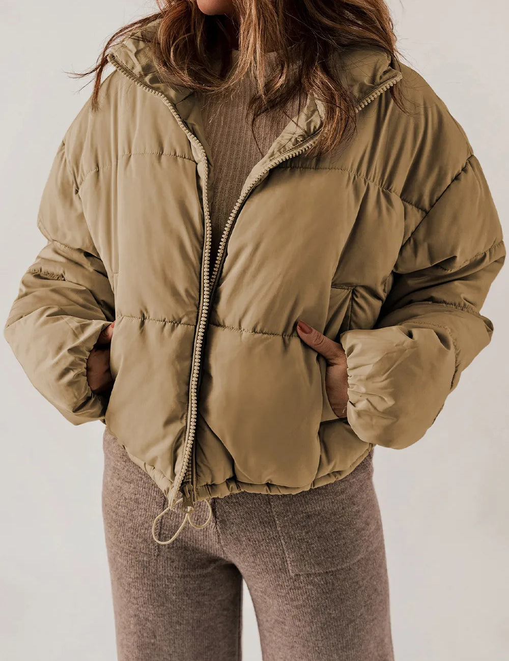 Khaki zip-up collared puffer jacket with hood and fleece lining