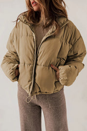 Khaki zip-up collared puffer jacket with hood and fleece lining