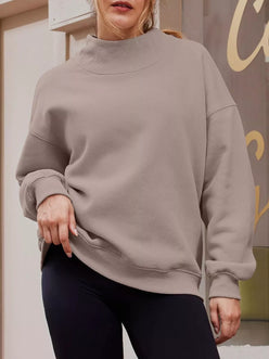 Oversized mock neck dropped shoulder sweatshirt in soft muted gray with ribbed cuffs