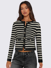 Striped Round Neck Button Up Long Sleeve Cardigan | Cardigans Daverri Fashions