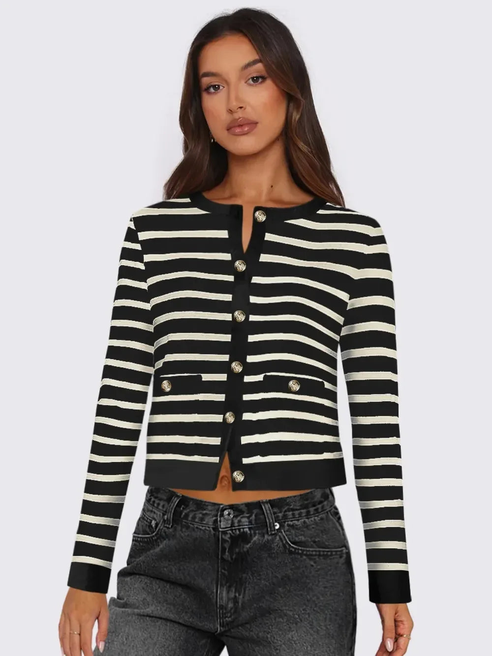 Striped Round Neck Button Up Long Sleeve Cardigan - DAVERRI FASHIONS