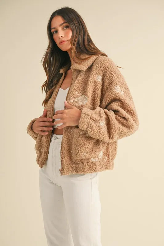 MABLE Floral Embroidered Fleece Teddy Jacket