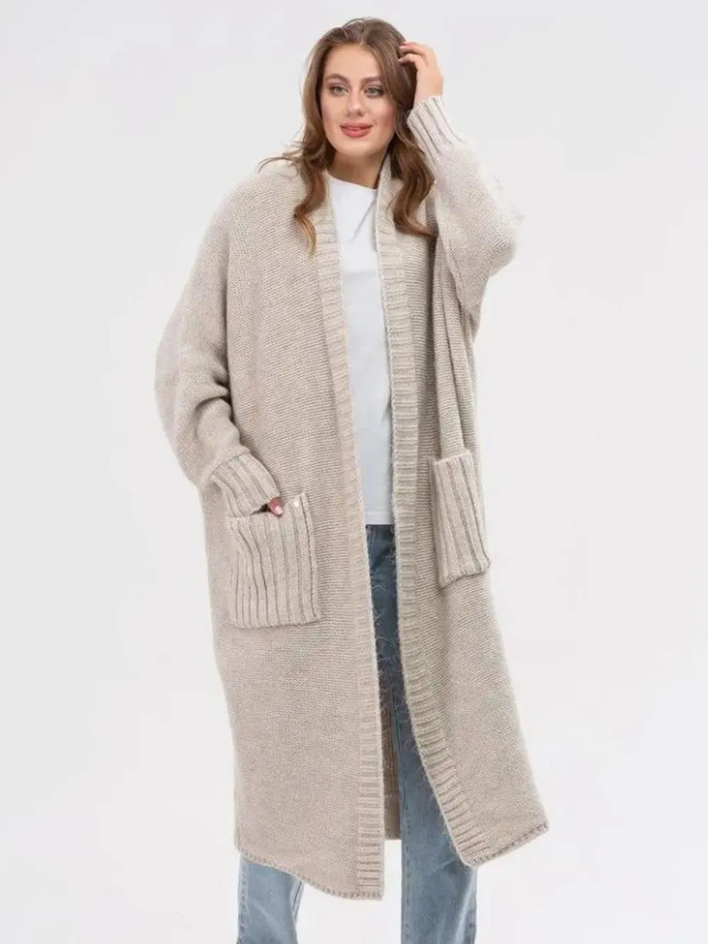 Dust Storm One Size Pocketed Open Front Long Sleeve Longline Cardigan | Cardigans Daverri Fashions