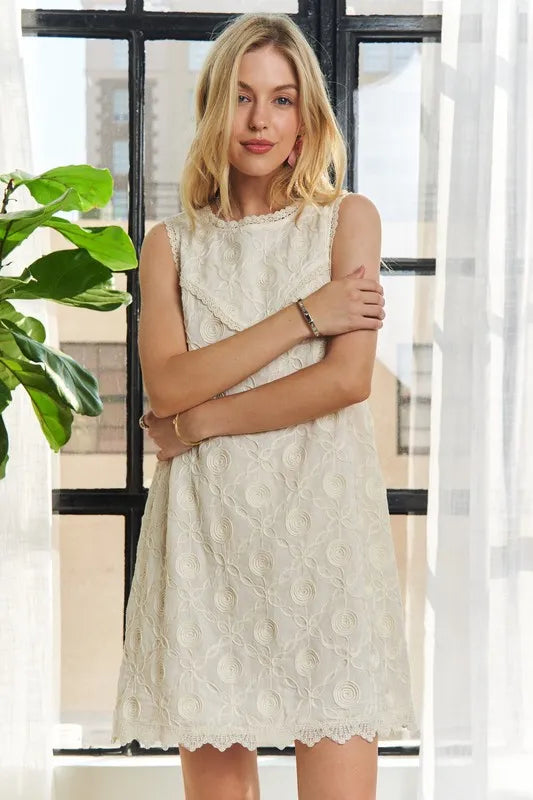 ADORA Applique Round Neck Sleeveless Shift Dress Mini Dresses
