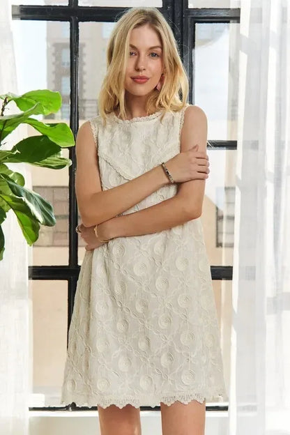 ADORA Applique Round Neck Sleeveless Shift Dress - DAVERRI FASHIONS