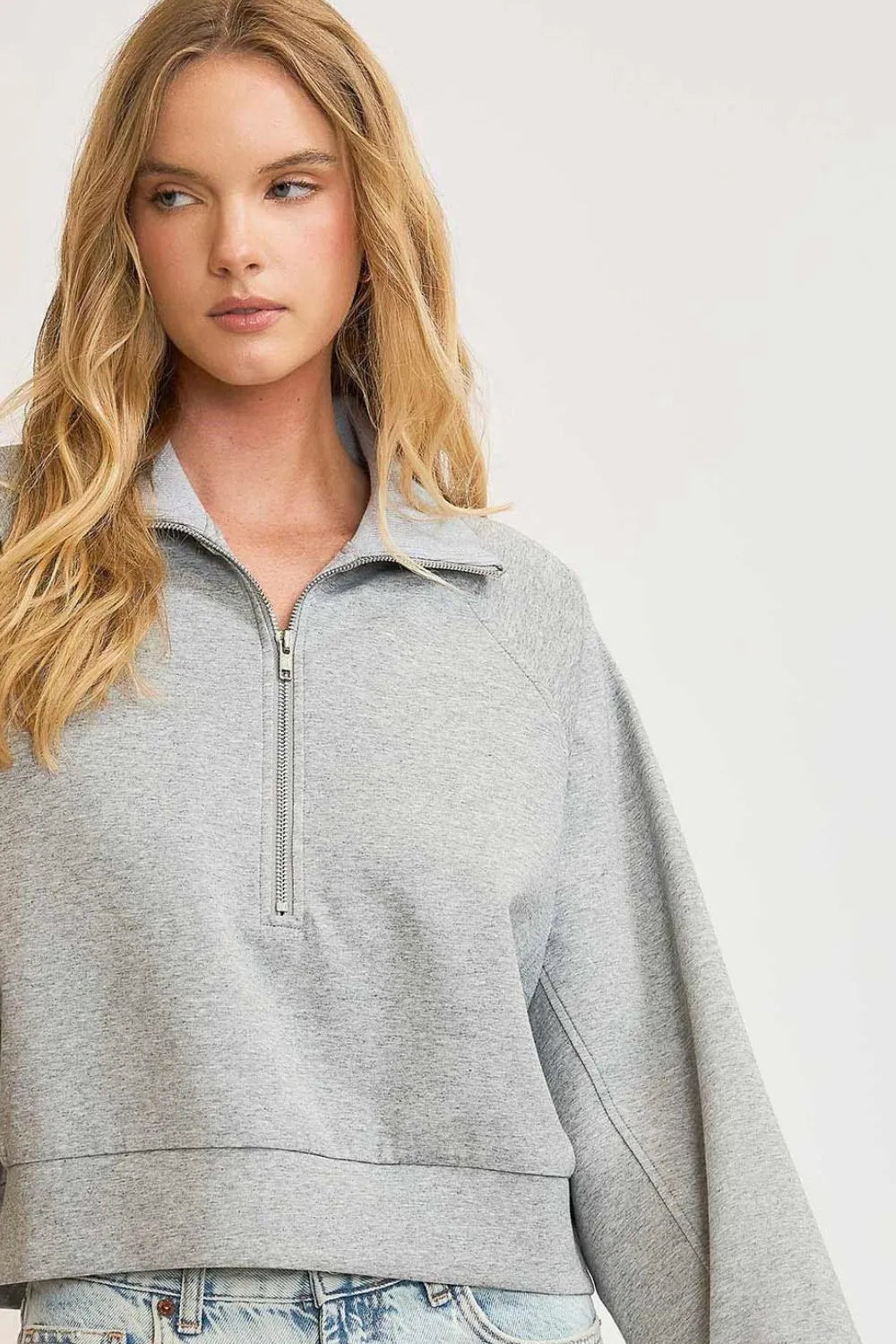 Umgee Full Size Half Zip Cropped Sweatshirt Plus Size Gray