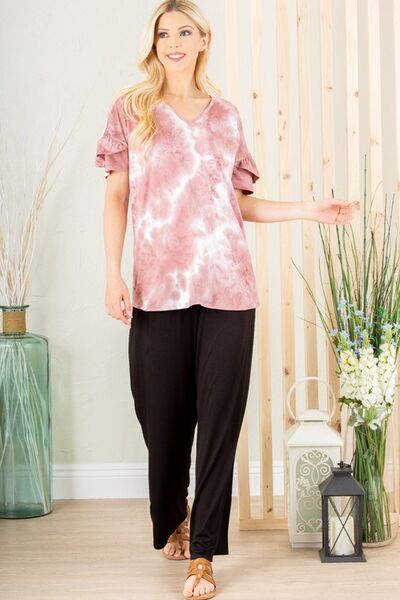 Heimish Full Size Ruffled Sleeve Tie Dye Top Plus Size