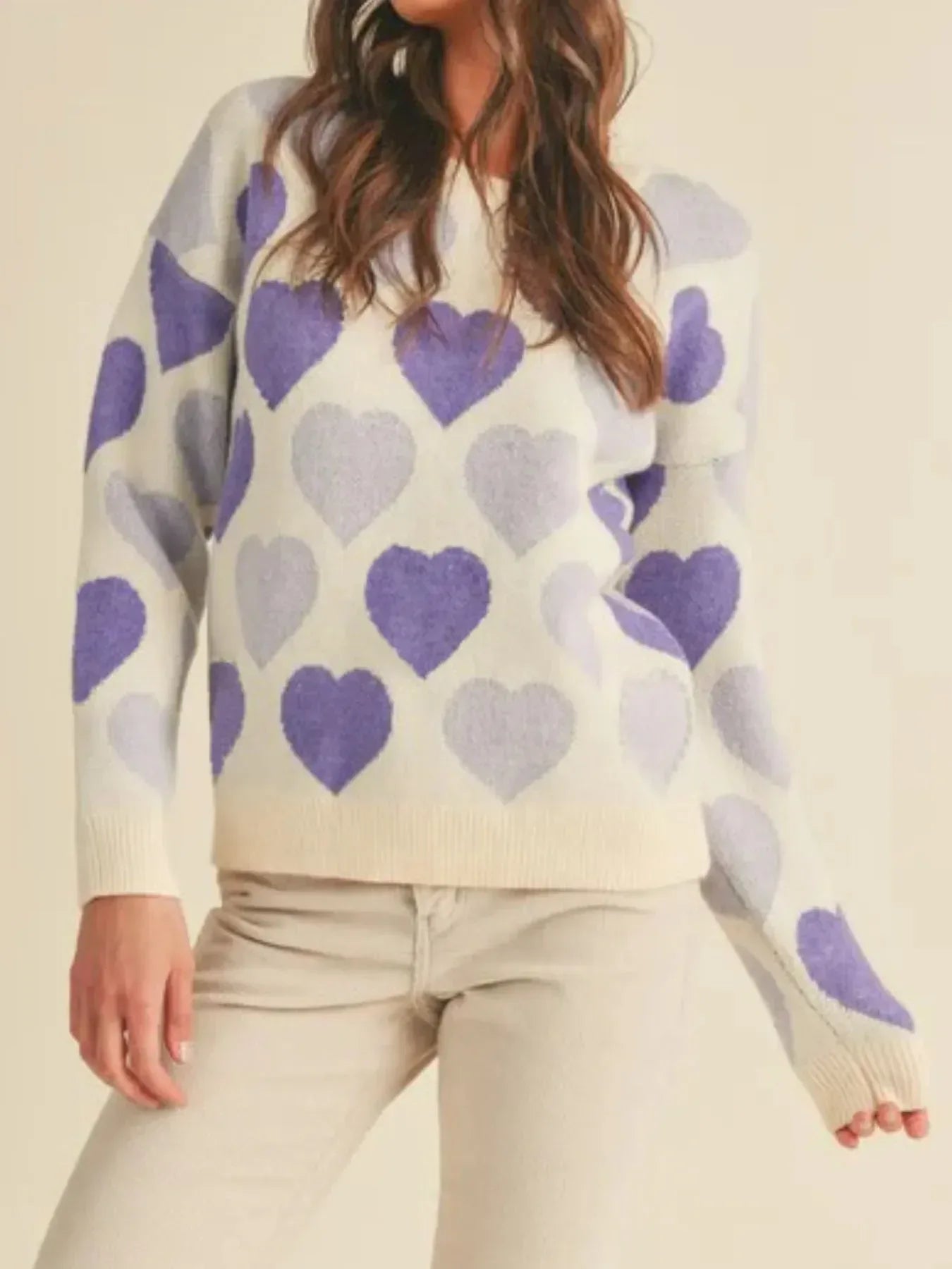 Heart Ribbed Hem Long Sleeve Sweater - DAVERRI FASHIONS