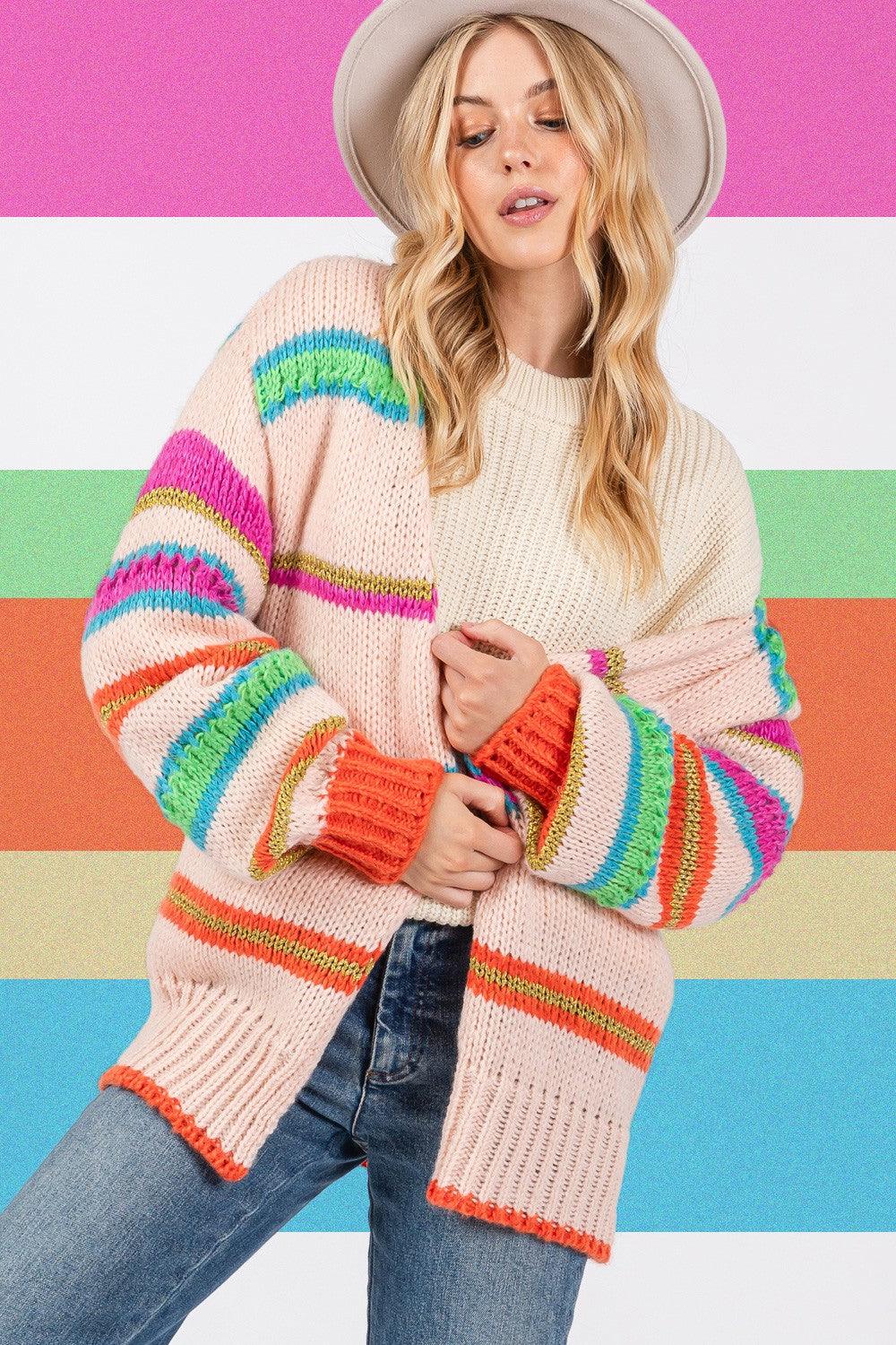 SAGE + FIG Rainbow Striped Open Front Knit Cardigan Cardigans