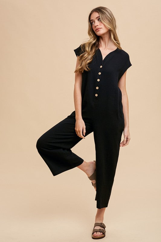 Annie Wear Black Button Detail Wide Leg Jumpsuit with Pockets Black Tops