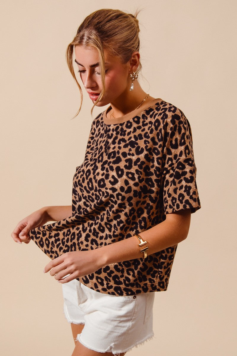 SO ME leopard thermal waffle knit top, tan with black spots, short sleeves