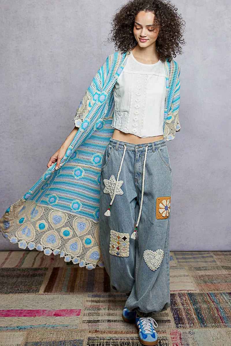 POL light blue white crochet longline cardigan with peacock feathers