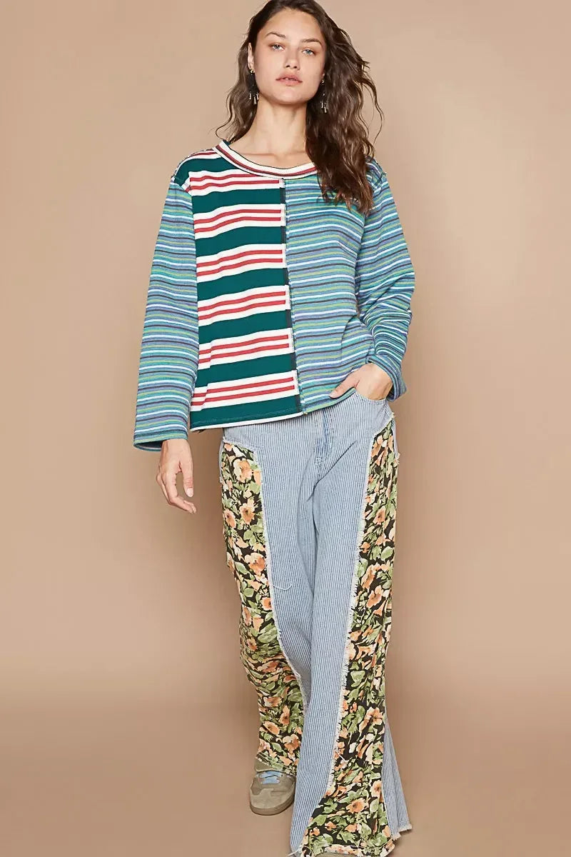 POL Color Block Striped Round Neck Long Sleeve T-Shirt - DAVERRI FASHIONS