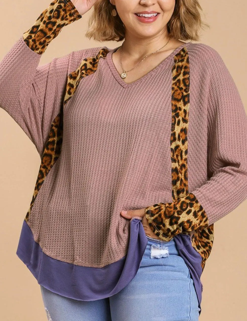 Umgee Leopard High-Low Dolman Sleeve Waffle Knit Top Plus Size | Tops Daverri Fashions