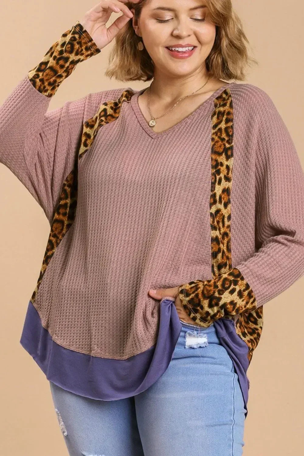 Umgee Leopard High-Low Dolman Sleeve Waffle Knit Top Plus Size - DAVERRI FASHIONS