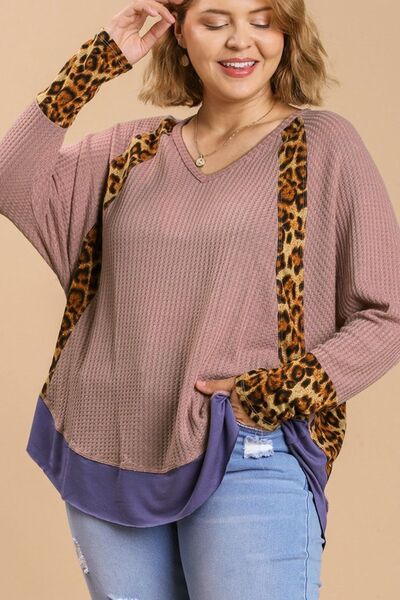 Umgee Full Size Leopard High-Low Dolman Sleeve Waffle Knit Top Plus Size