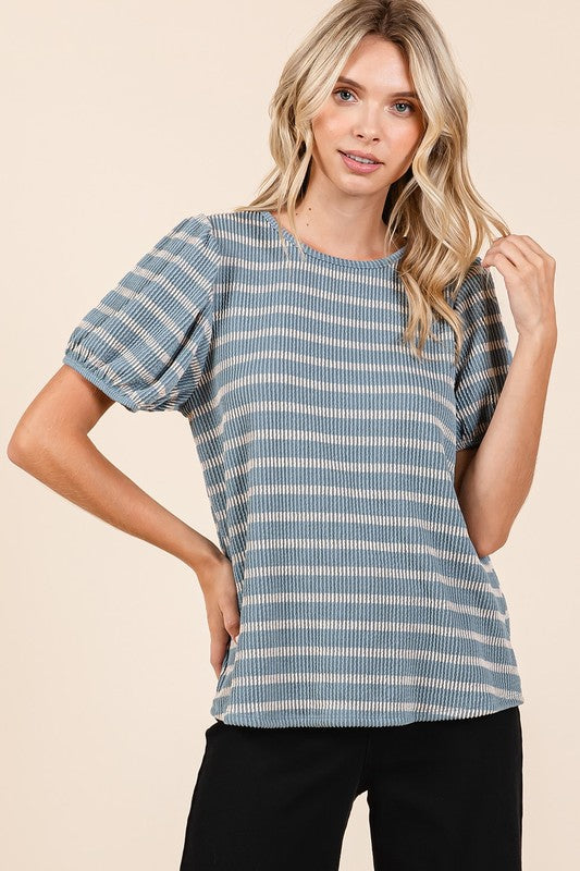 Mittoshop Contrast Striped Short Puff Sleeve Knit Top Tops