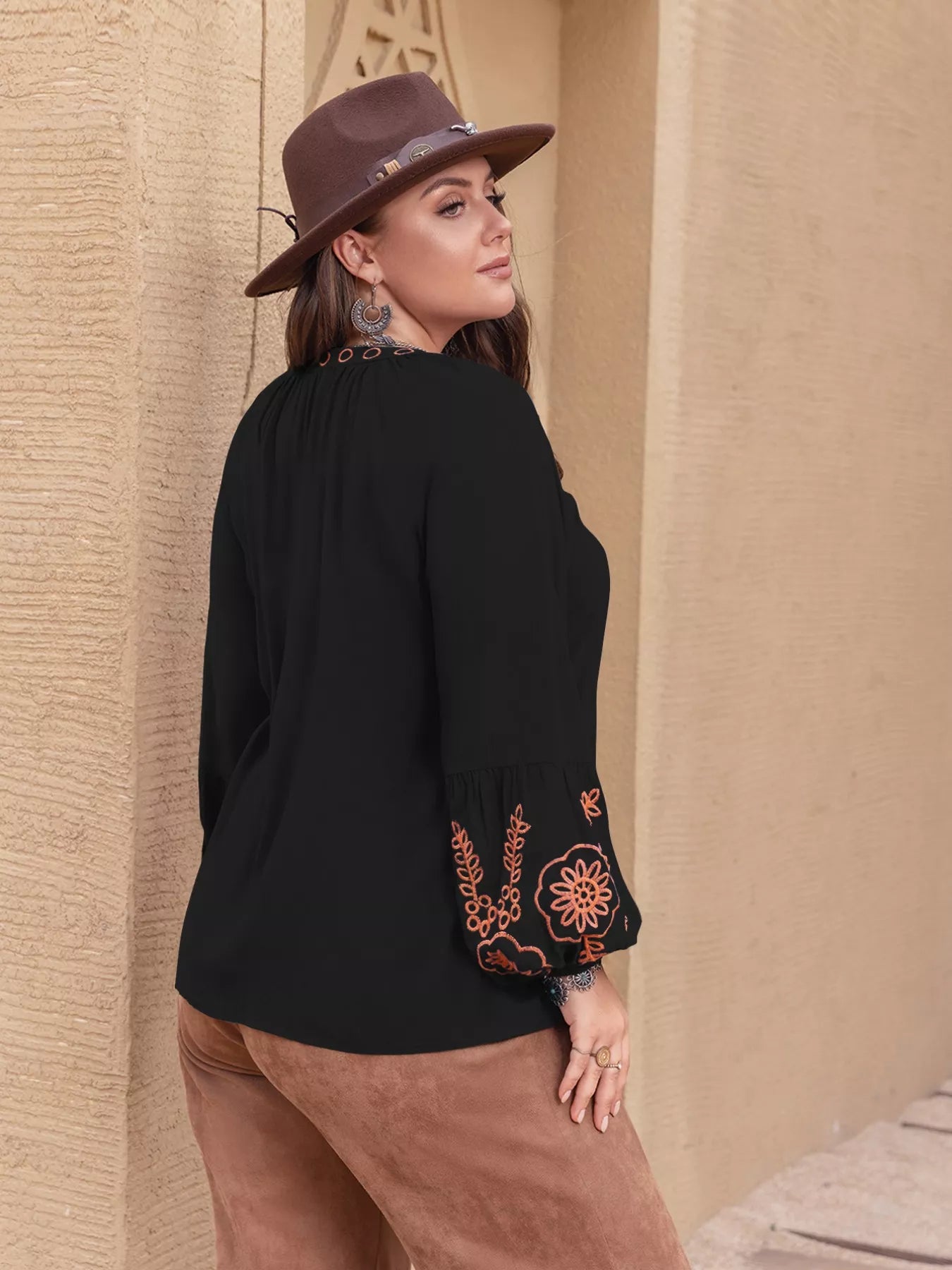 Plus size boho embroidered blouse with bell sleeves and corduroy pants