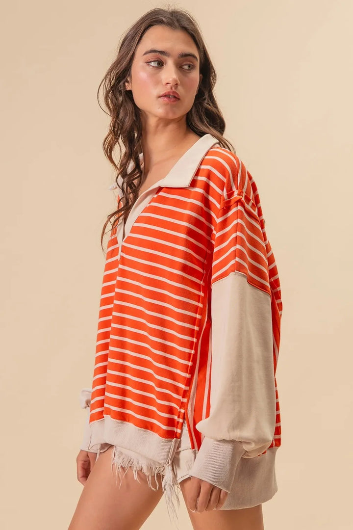 BiBi Stripe Knit Loose Fit Top With Cut Edge Detail Tops