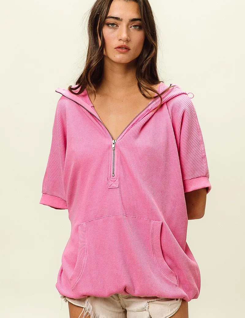 PINK BiBi Vintage Washed Waffle Thermal Hoodie | Hoodies Daverri Fashions