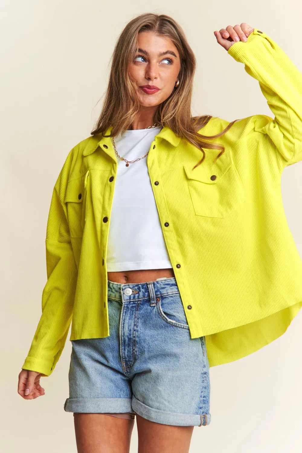 J.NNA Snap Down Long Sleeve High Low Shacket Shackets
